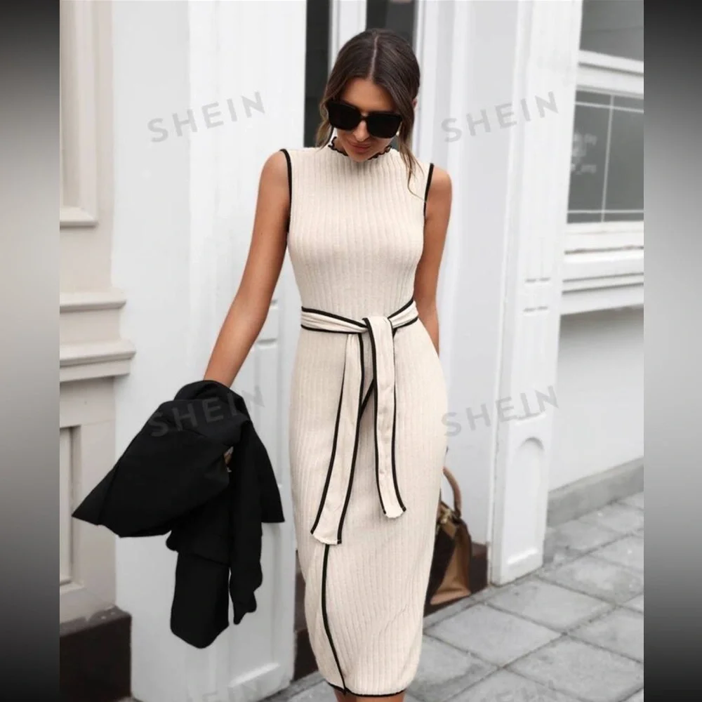 Prive Ribbed Knit Contrast Binding Belted Tank Dress - Picture 1 of 6